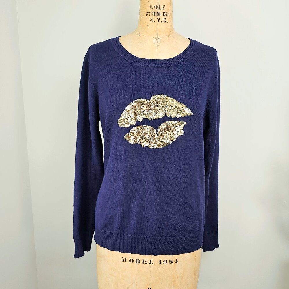 Romeo & Juliet Couture Navy Gold Sequin Lips Sweater Large